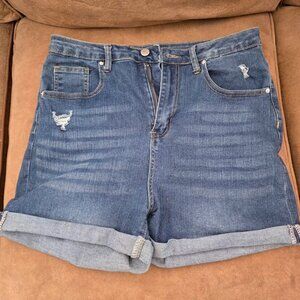 Rolled-Hem Distressed Denim Shorts